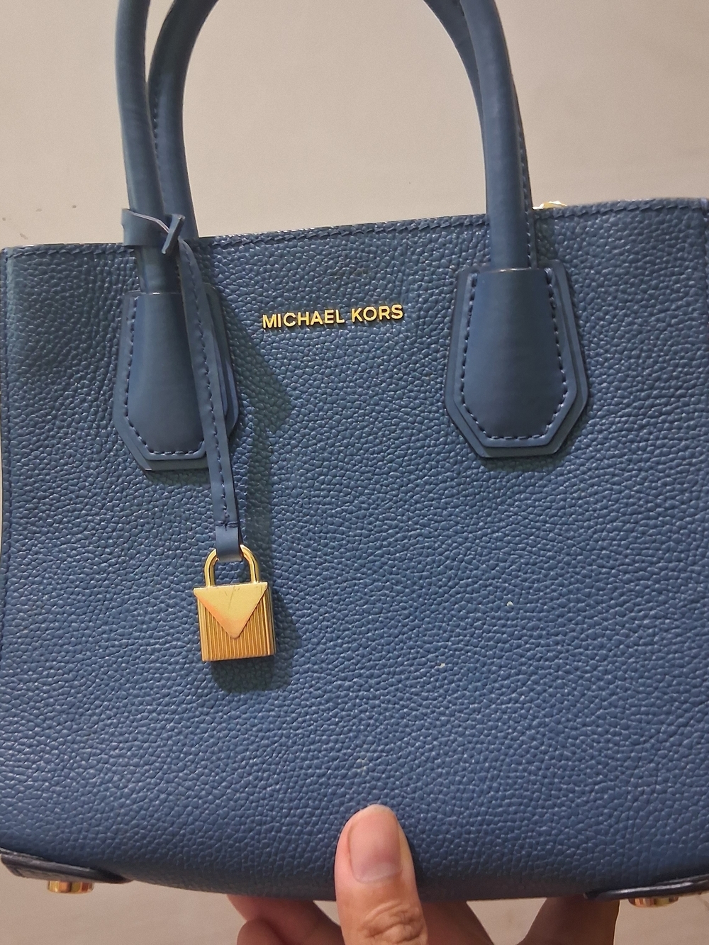 Michael Kors Navy Pebbled Leather Satchel with Gold Hardware